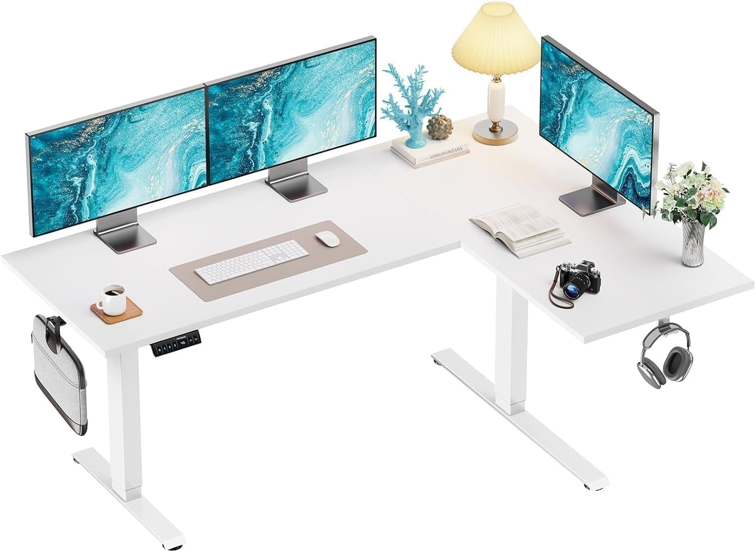 image:imageHUANUO 71x48 inch Dual Motor L Shaped Electric Standing Desk with 3 Preset Heights Electric Height Adjustable Computer Table 2 Hooks amp Cable Tray Raising Desk for Home Office Vintage BrownWhite