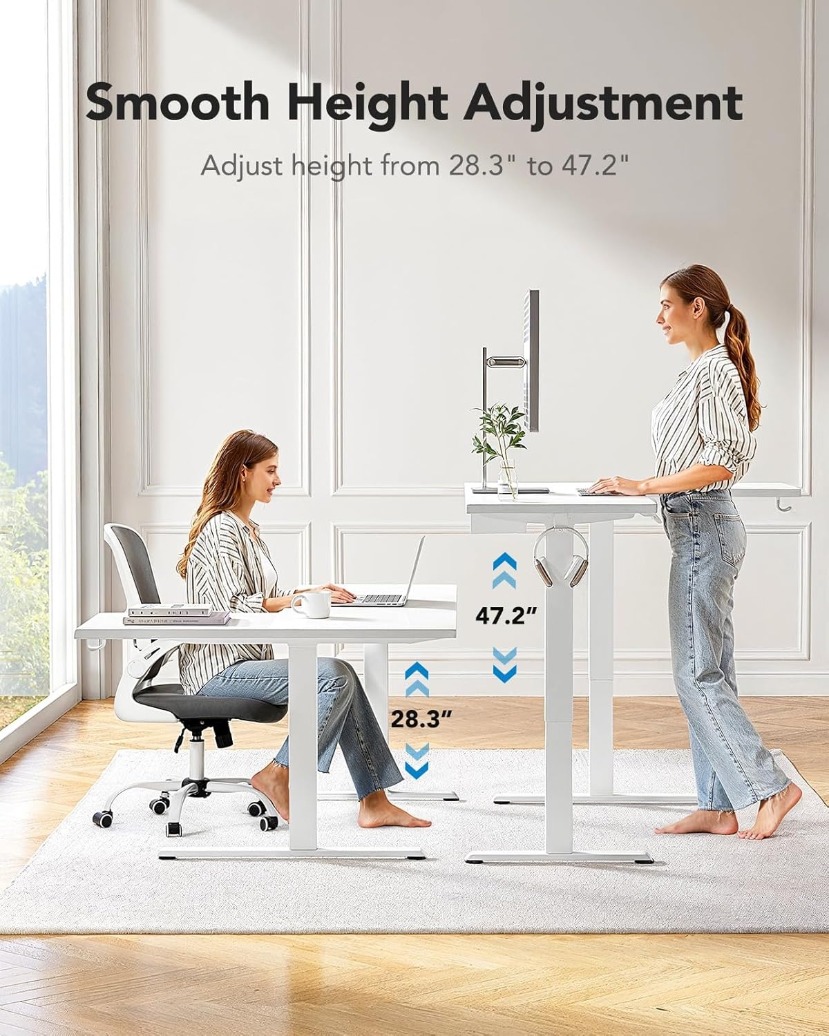 image:imageHUANUO 71x48 inch Dual Motor L Shaped Electric Standing Desk with 3 Preset Heights Electric Height Adjustable Computer Table 2 Hooks amp Cable Tray Raising Desk for Home Office Vintage BrownWhite