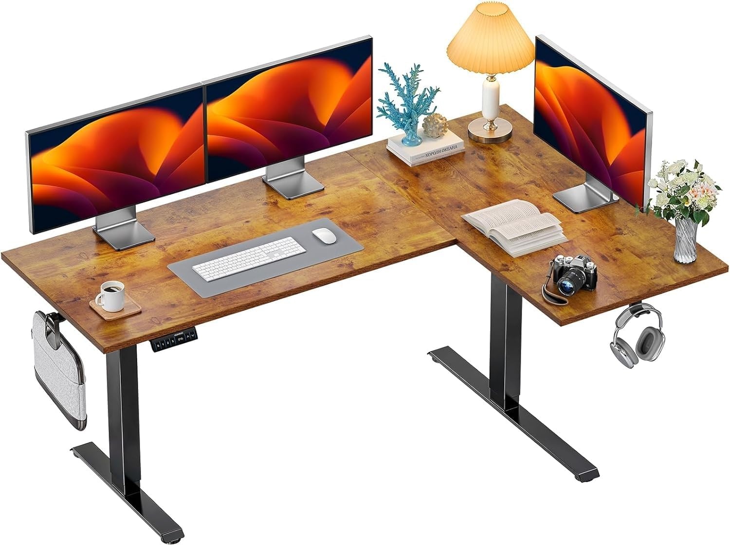image:imageHUANUO 71x48 inch Dual Motor L Shaped Electric Standing Desk with 3 Preset Heights Electric Height Adjustable Computer Table 2 Hooks amp Cable Tray Raising Desk for Home Office Vintage BrownVintage Brown