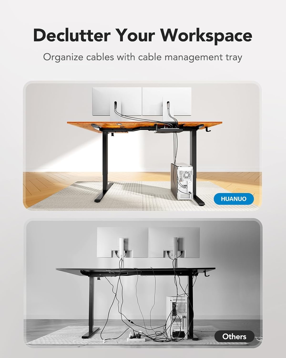 image:imageHUANUO 71x48 inch Dual Motor L Shaped Electric Standing Desk with 3 Preset Heights Electric Height Adjustable Computer Table 2 Hooks amp Cable Tray Raising Desk for Home Office Vintage BrownVintage Brown