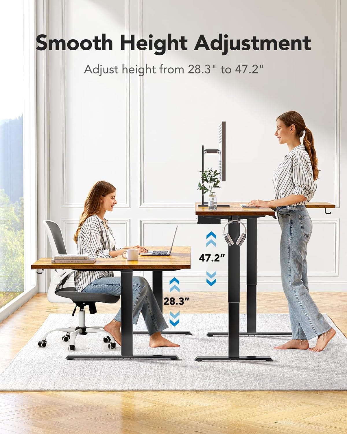 image:imageHUANUO 71x48 inch Dual Motor L Shaped Electric Standing Desk with 3 Preset Heights Electric Height Adjustable Computer Table 2 Hooks amp Cable Tray Raising Desk for Home Office Vintage BrownVintage Brown