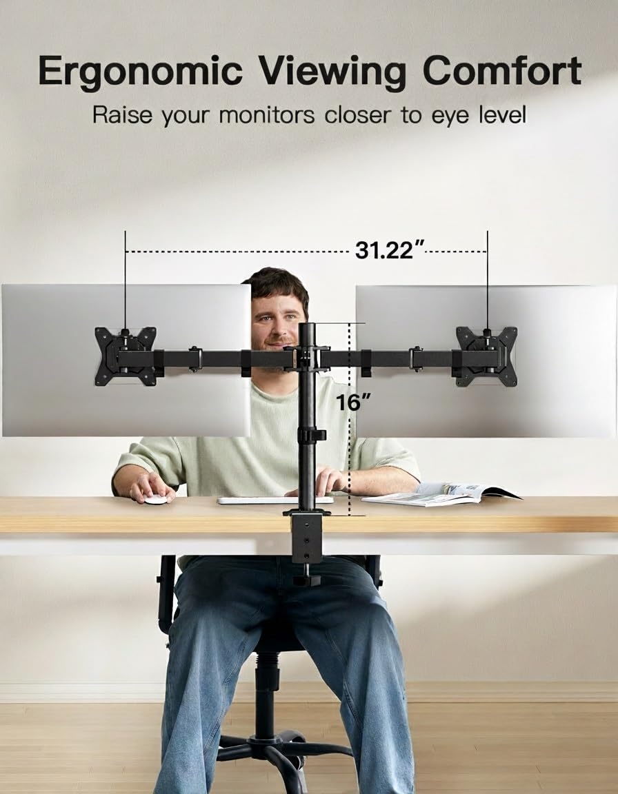image:imageHUANUO Dual Monitor Mount for 2 Monitors up to 32 inches Heavy Duty Dual Monitor Stand Holds up to176lbs Dual Monitor Arm with Height Adjustable Tilt Swive Rotate VESA Hole 75mm or 100mm