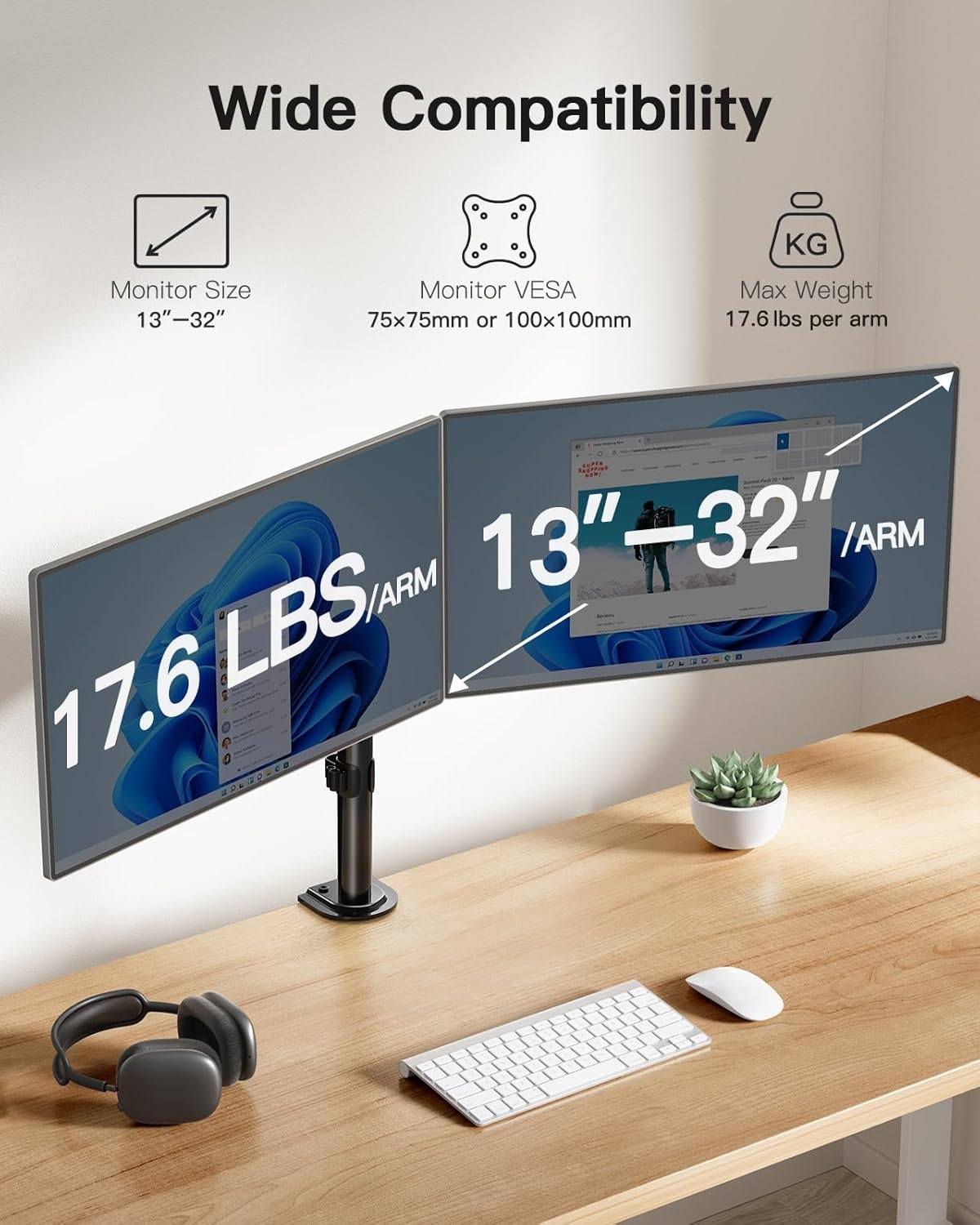 image:imageHUANUO Dual Monitor Mount for 2 Monitors up to 32 inches Heavy Duty Dual Monitor Stand Holds up to176lbs Dual Monitor Arm with Height Adjustable Tilt Swive Rotate VESA Hole 75mm or 100mm
