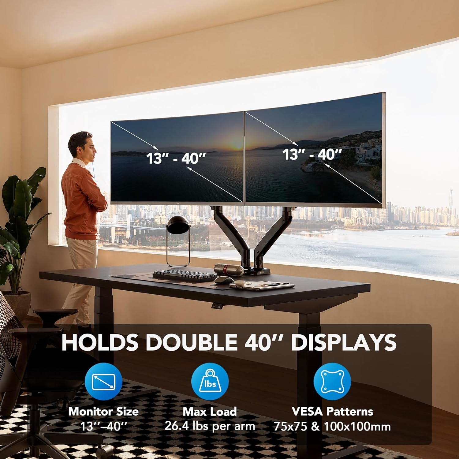 image:imageHUANUO Dual Monitor Stand for 1340 Premium Dual Monitor Mount with USB Height Adjustable Monitor Stand for 2 Monitors VESA Mount with ClampGrommet Base Holds 264lbs per Arm HNDS71340 Inch