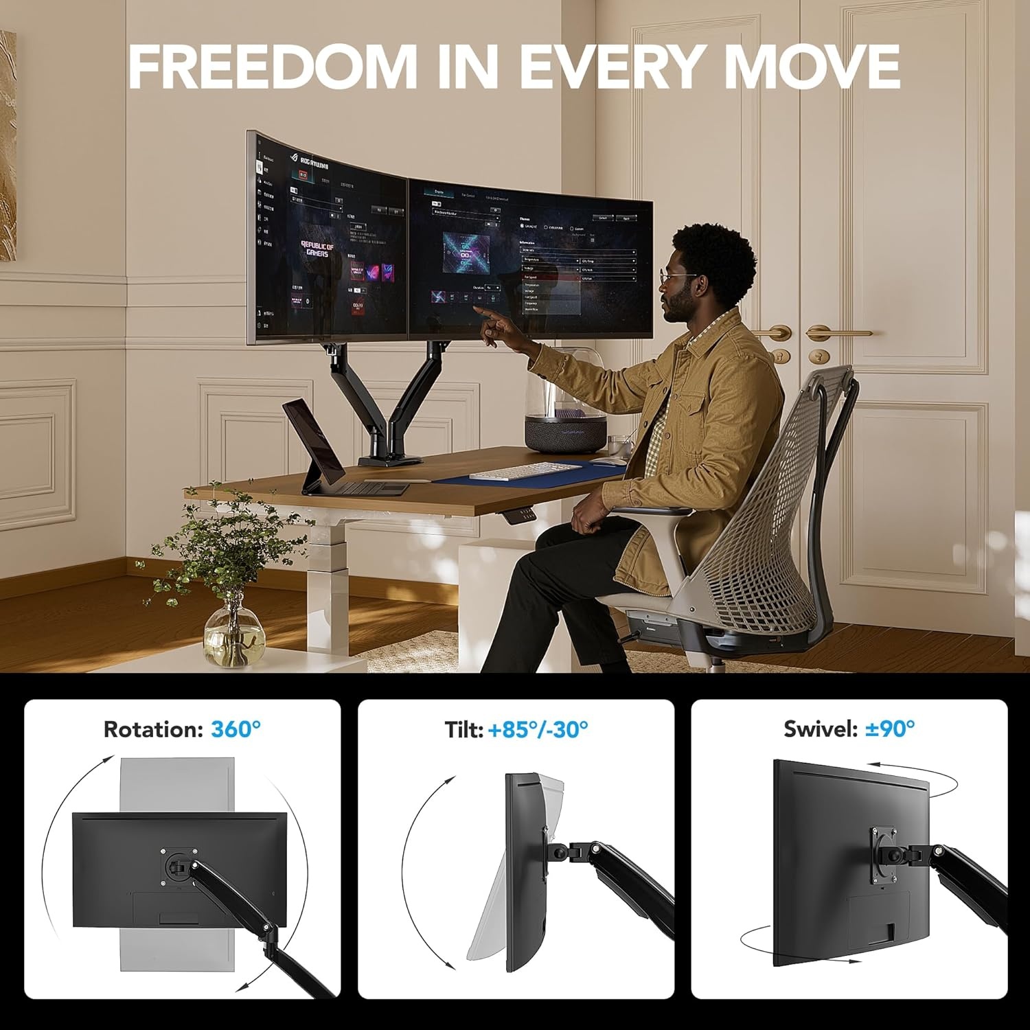 image:imageHUANUO Dual Monitor Stand for 1340 Premium Dual Monitor Mount with USB Height Adjustable Monitor Stand for 2 Monitors VESA Mount with ClampGrommet Base Holds 264lbs per Arm HNDS71340 Inch