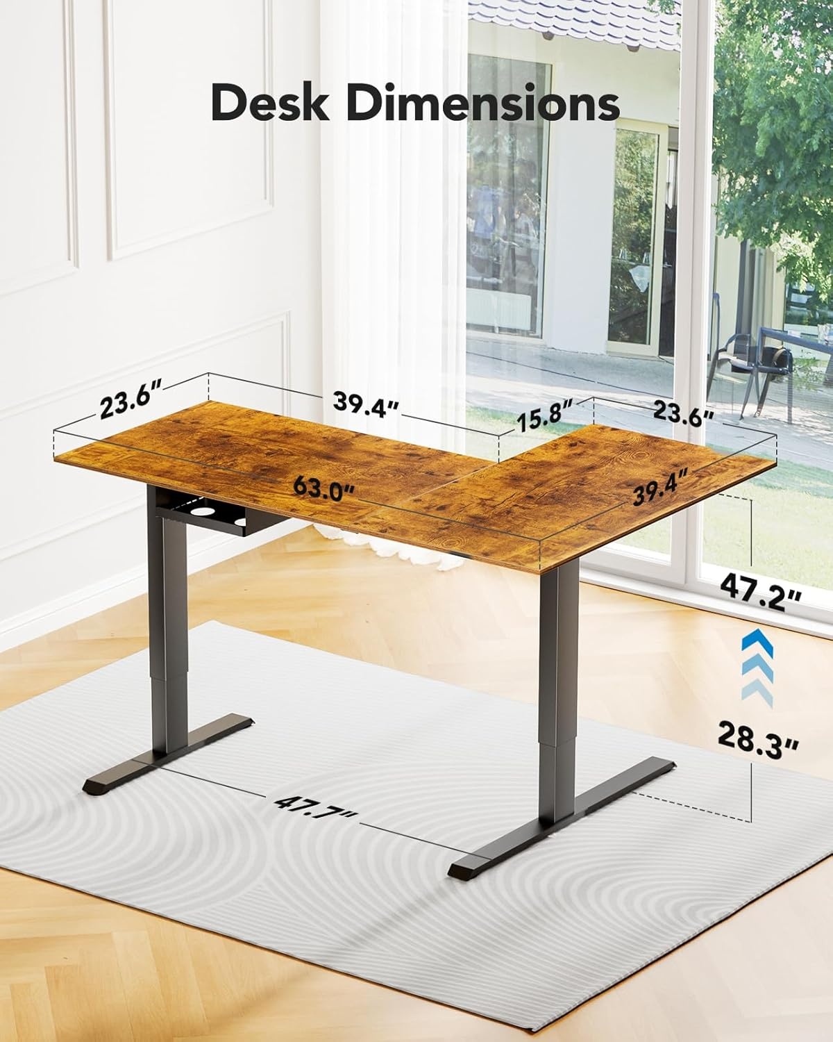 image:imageHUANUO Dual Motor 63x40 inch L Shaped Electric Standing Desk with 3 Preset Heights Electric Height Adjustable Computer Table 2 Hooks amp Cable Tray Raising Desk for Home Office Vintage BrownVintage Brown