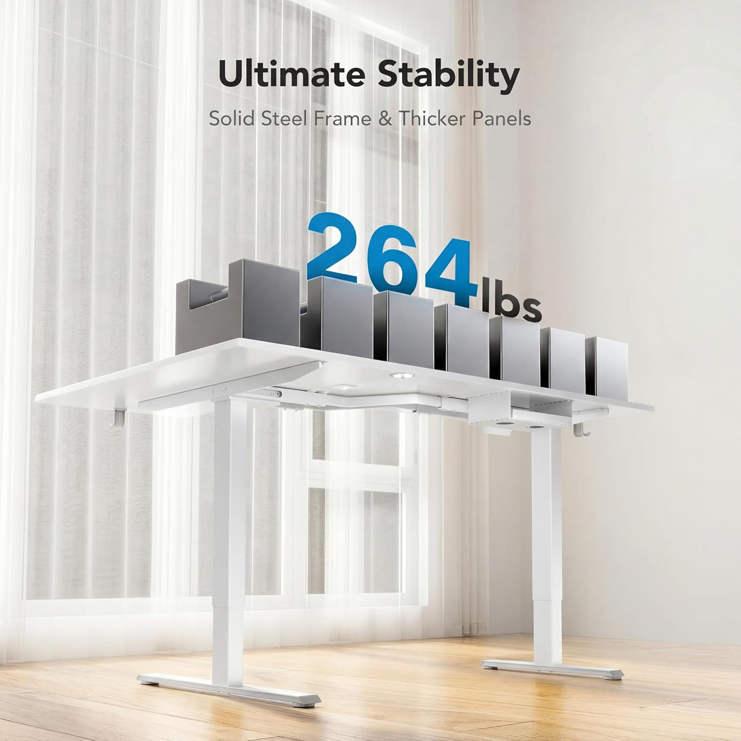 image:imageHUANUO Dual Motor 63x40 inch L Shaped Electric Standing Desk with 3 Preset Heights Electric Height Adjustable Computer Table 2 Hooks amp Cable Tray Raising Desk for Home Office Vintage BrownWhite
