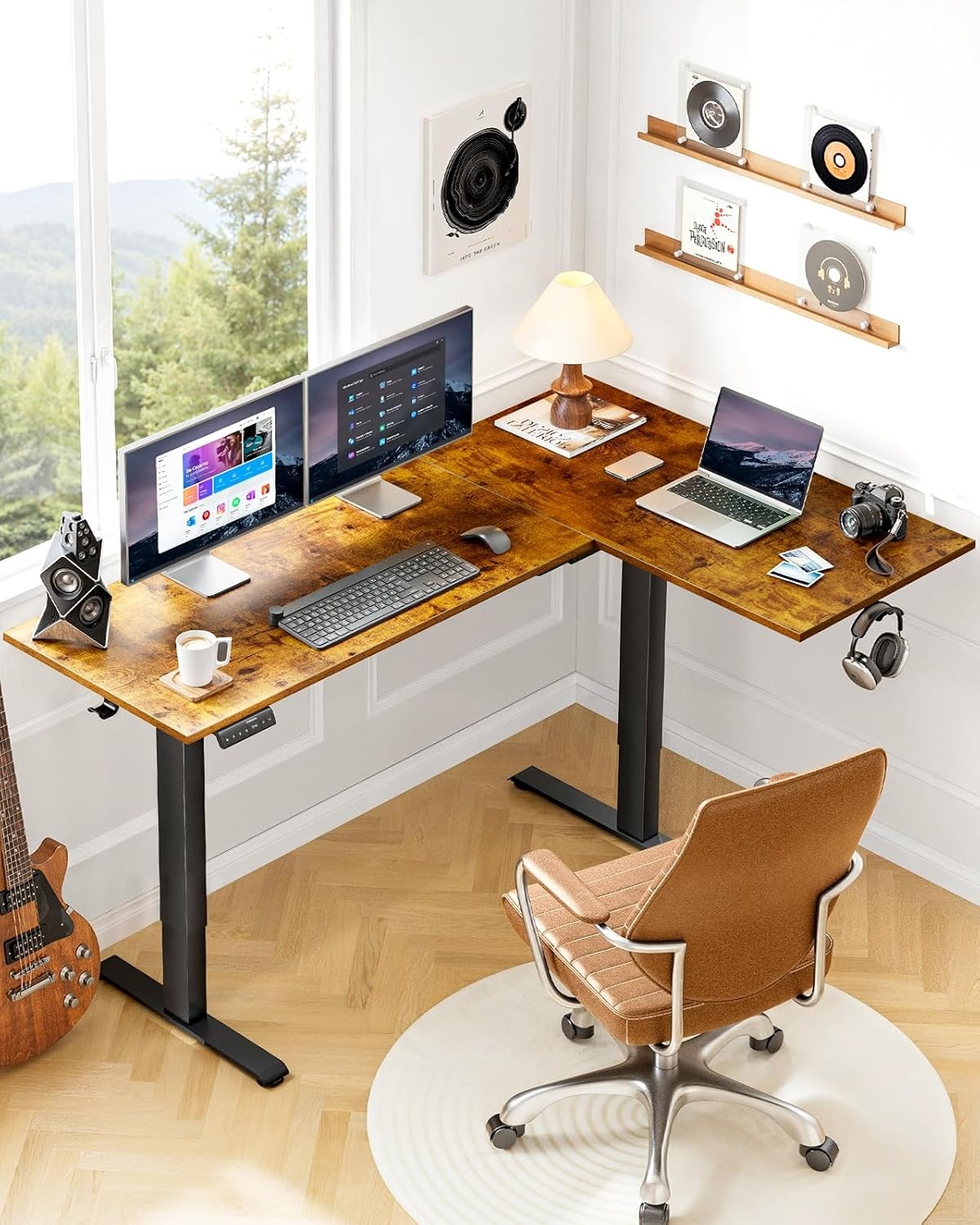 image:imageHUANUO Dual Motor 63x40 inch L Shaped Electric Standing Desk with 3 Preset Heights Electric Height Adjustable Computer Table 2 Hooks amp Cable Tray Raising Desk for Home Office Vintage BrownVintage Brown