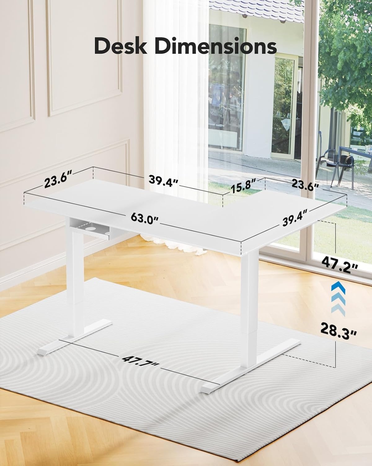 image:imageHUANUO Dual Motor 63x40 inch L Shaped Electric Standing Desk with 3 Preset Heights Electric Height Adjustable Computer Table 2 Hooks amp Cable Tray Raising Desk for Home Office Vintage BrownWhite