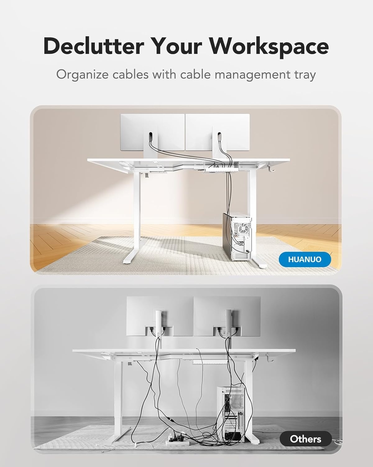 image:imageHUANUO Dual Motor 63x40 inch L Shaped Electric Standing Desk with 3 Preset Heights Electric Height Adjustable Computer Table 2 Hooks amp Cable Tray Raising Desk for Home Office Vintage BrownWhite