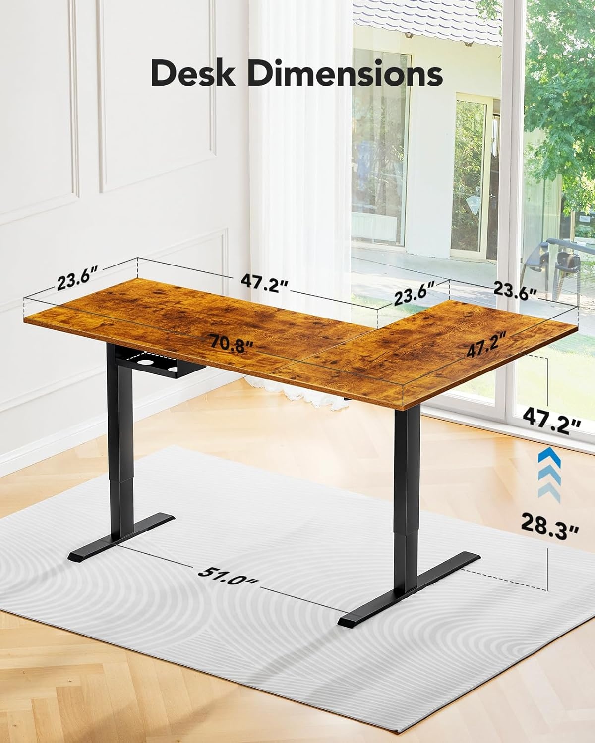 image:imageHUANUO Dual Motor 63x40 inch L Shaped Electric Standing Desk with 3 Preset Heights Electric Height Adjustable Computer Table 2 Hooks amp Cable Tray Raising Desk for Home Office Vintage BrownVintage Brown