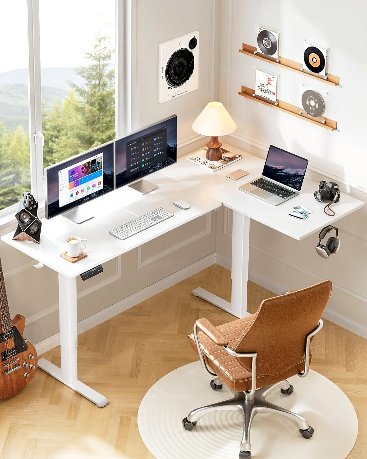 image:imageHUANUO Dual Motor 63x40 inch L Shaped Electric Standing Desk with 3 Preset Heights Electric Height Adjustable Computer Table 2 Hooks amp Cable Tray Raising Desk for Home Office Vintage BrownWhite