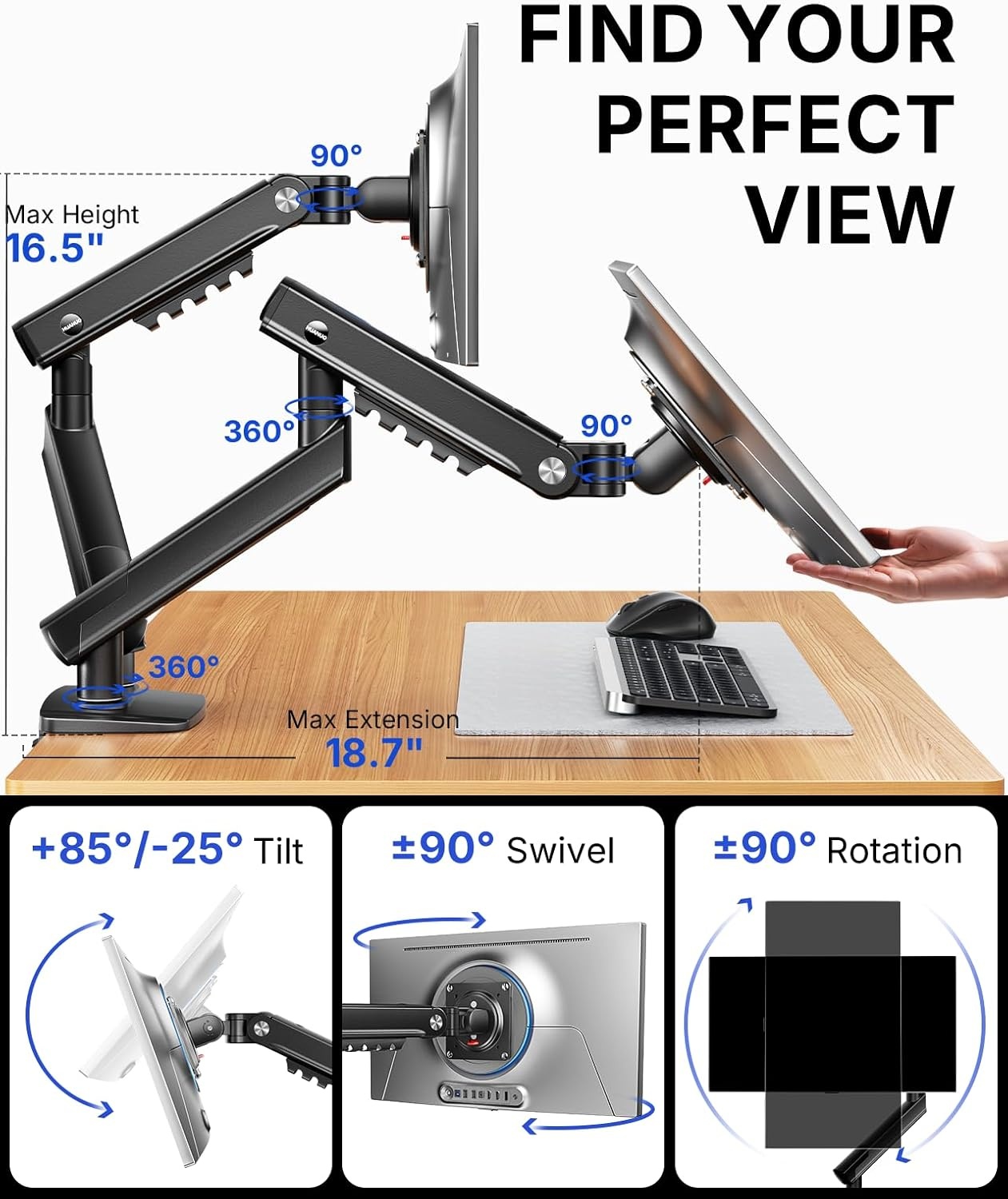 image:imageHUANUO FlowLift Pro Dual Monitor Mount for 1332 Screens MechaSpring Monitor Stand Adjustable Monitor Arms for 2 Monitors with TiltSwivelRotation ToolFree VESA Mount Max Load 198 lbs