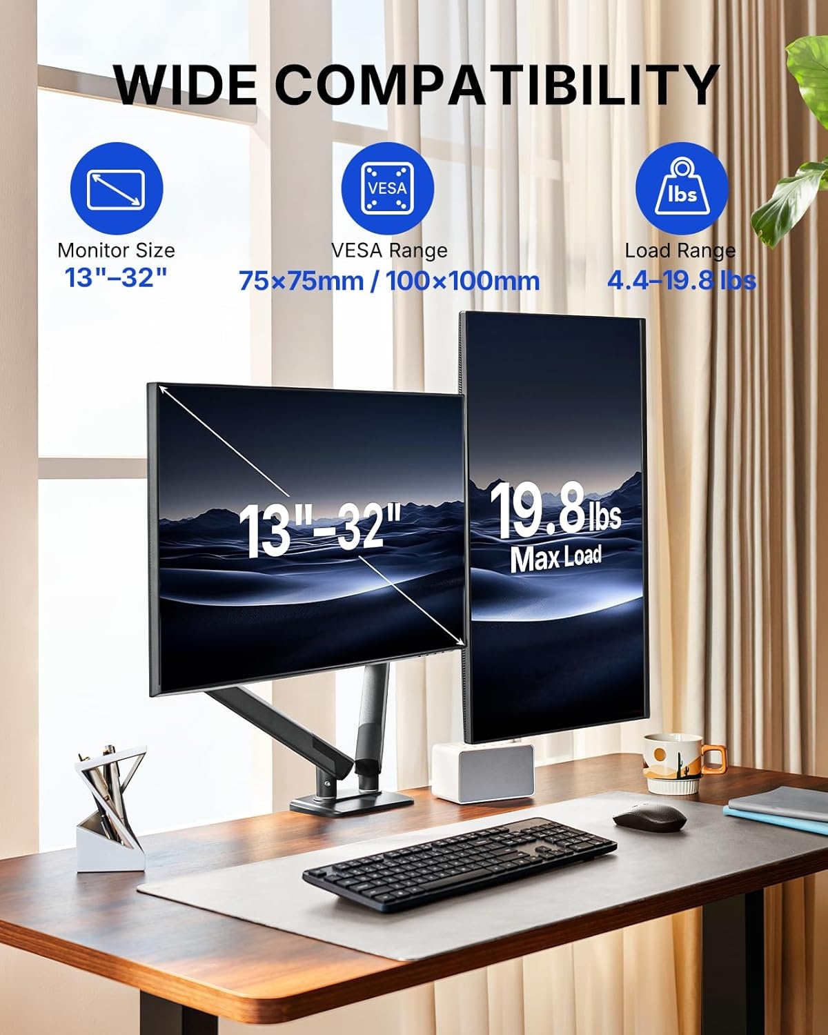 image:imageHUANUO FlowLift Pro Dual Monitor Mount for 1332 Screens MechaSpring Monitor Stand Adjustable Monitor Arms for 2 Monitors with TiltSwivelRotation ToolFree VESA Mount Max Load 198 lbs