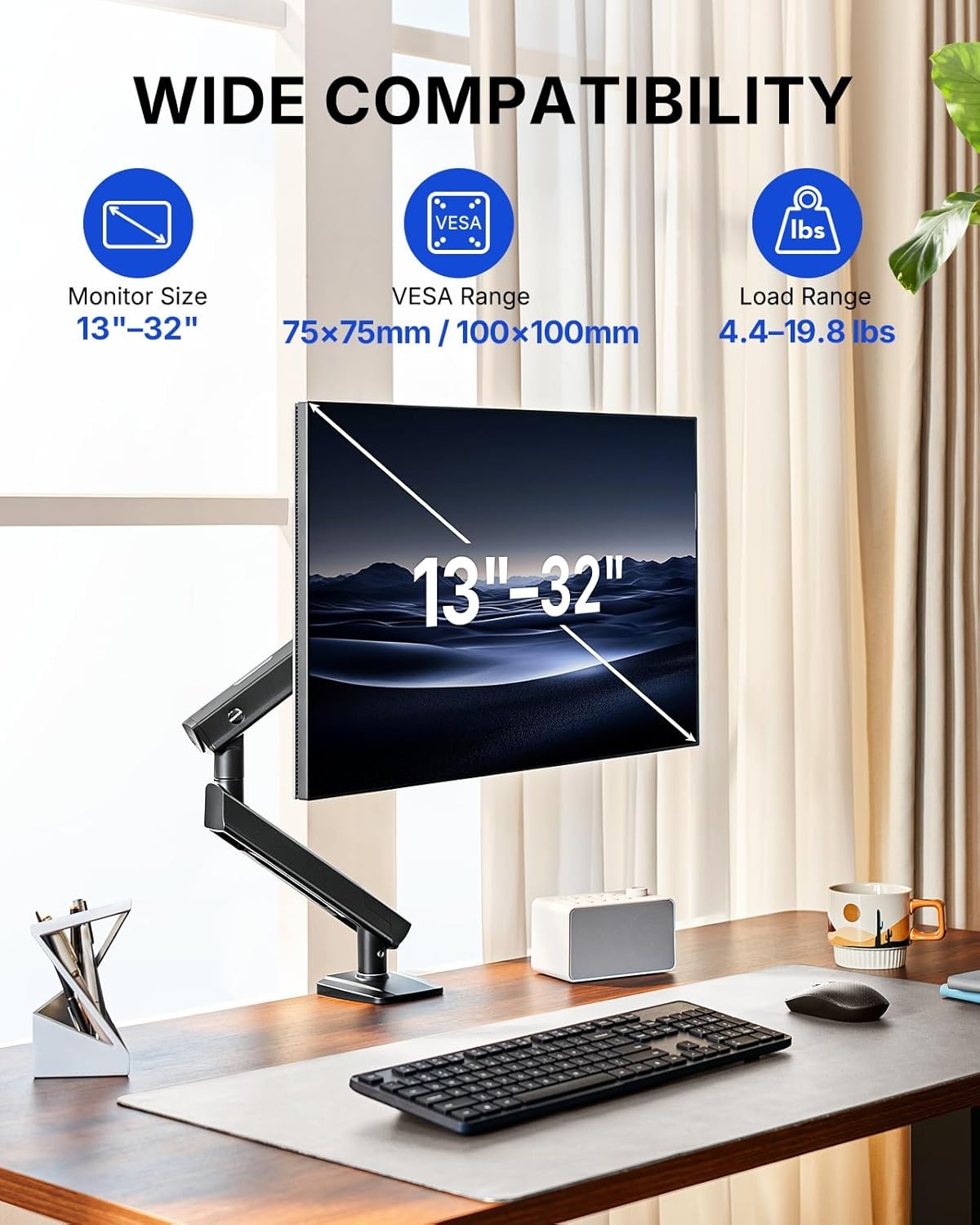 image:imageHUANUO FlowLift Pro Monitor Arm for 1332 Screens MechaSpring Monitor Mount FullyAdjustable Monitor Stand with TiltSwivelRotation ToolFree VESA Mount CClampGrommet Base Max Load 198 lbs