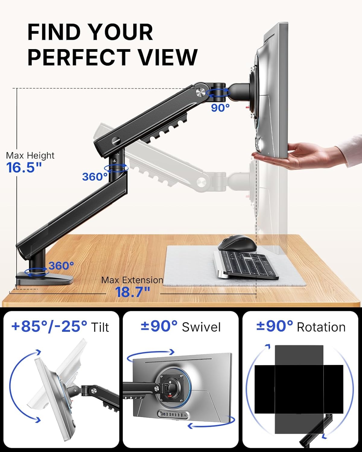 image:imageHUANUO FlowLift Pro Monitor Arm for 1332 Screens MechaSpring Monitor Mount FullyAdjustable Monitor Stand with TiltSwivelRotation ToolFree VESA Mount CClampGrommet Base Max Load 198 lbs