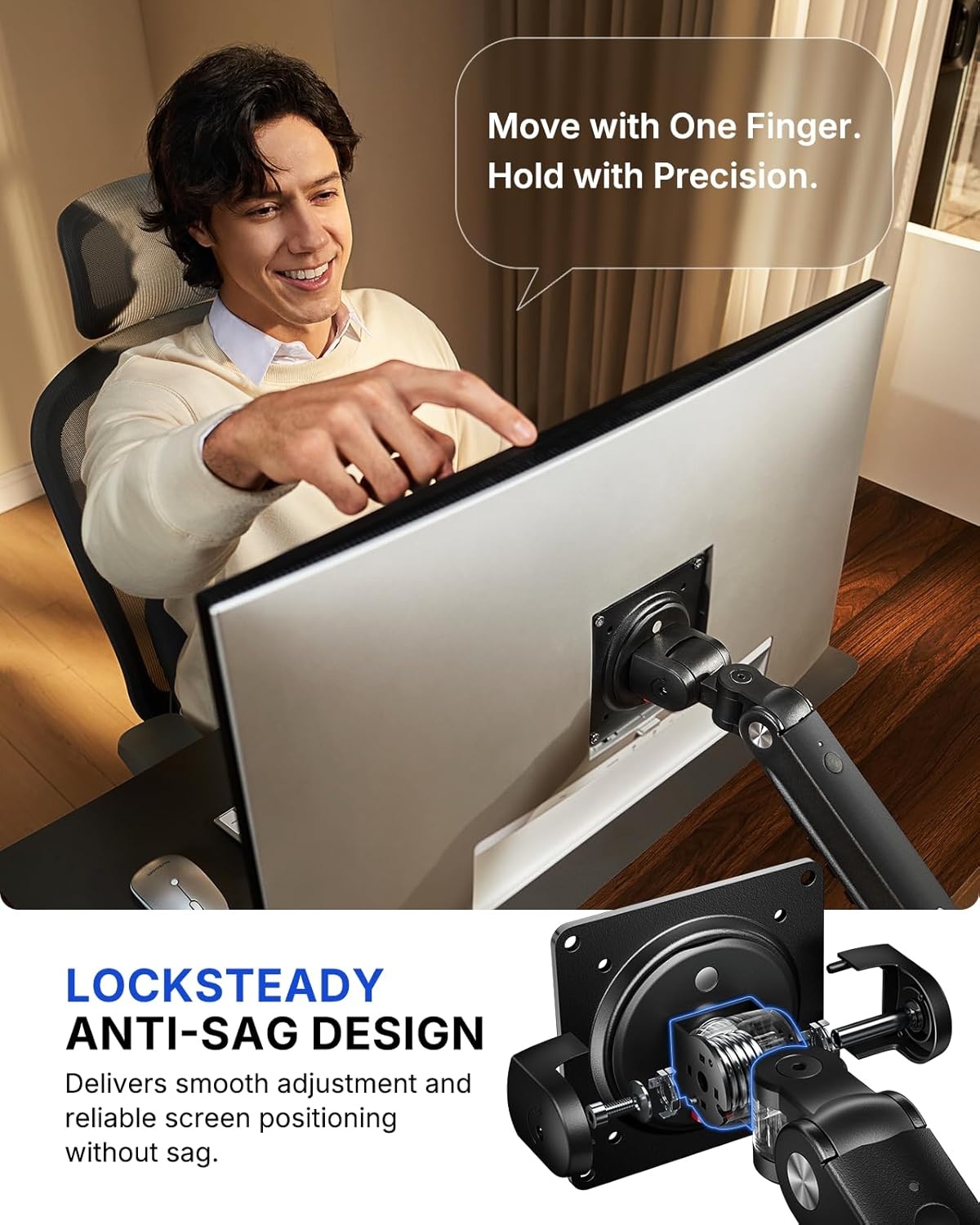 image:imageHUANUO FlowLift Pro Monitor Arm for 1332 Screens MechaSpring Monitor Mount FullyAdjustable Monitor Stand with TiltSwivelRotation ToolFree VESA Mount CClampGrommet Base Max Load 198 lbs