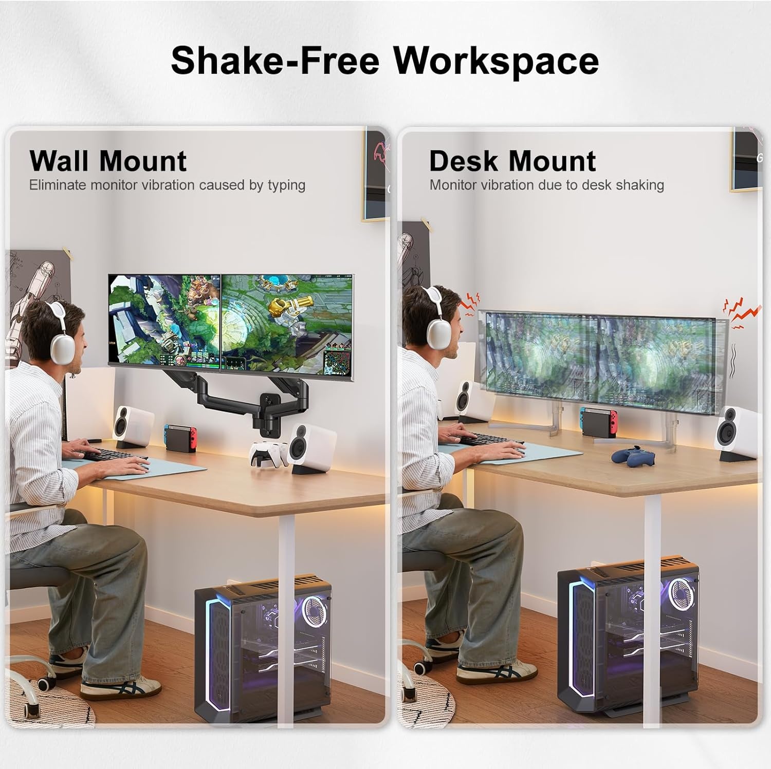 image:imageHUANUO Gaming Dual Monitor Wall Mount for 1732 Inch Computer Screen Mount 44176lbs Per Arm VESA 75x75100x100 Height Adjustable Stand for Dual Monitors Home Office Desk Setup
