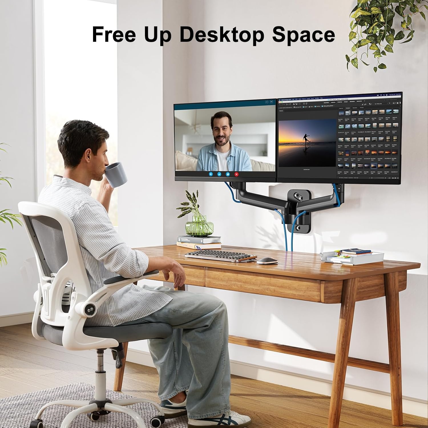 image:imageHUANUO Gaming Dual Monitor Wall Mount for 1732 Inch Computer Screen Mount 44176lbs Per Arm VESA 75x75100x100 Height Adjustable Stand for Dual Monitors Home Office Desk Setup