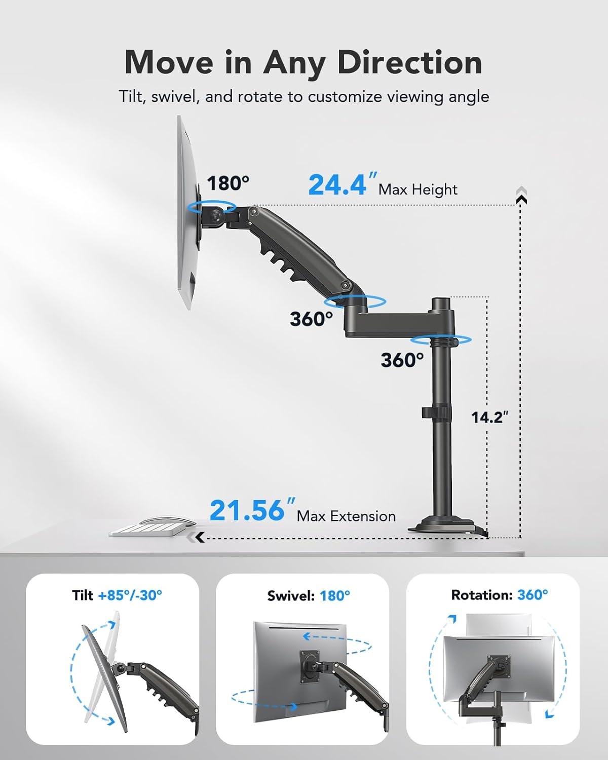 image:imageHUANUO Single Monitor Arm Adjustable Desk Mount for 1334 inch Screens Holds 198lbs 2244 inch Max Height Full Motion Swivel Gaming Monitor Stand with VESA 75x75mm and 100x100mm CompatibilityBlack