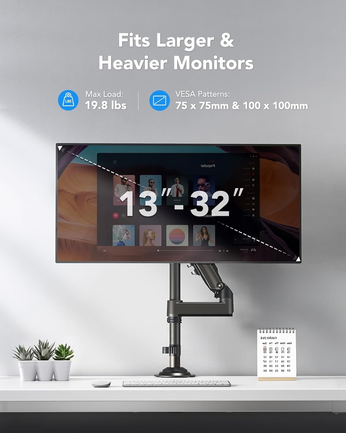 image:imageHUANUO Single Monitor Arm Adjustable Desk Mount for 1334 inch Screens Holds 198lbs 2244 inch Max Height Full Motion Swivel Gaming Monitor Stand with VESA 75x75mm and 100x100mm CompatibilityBlack