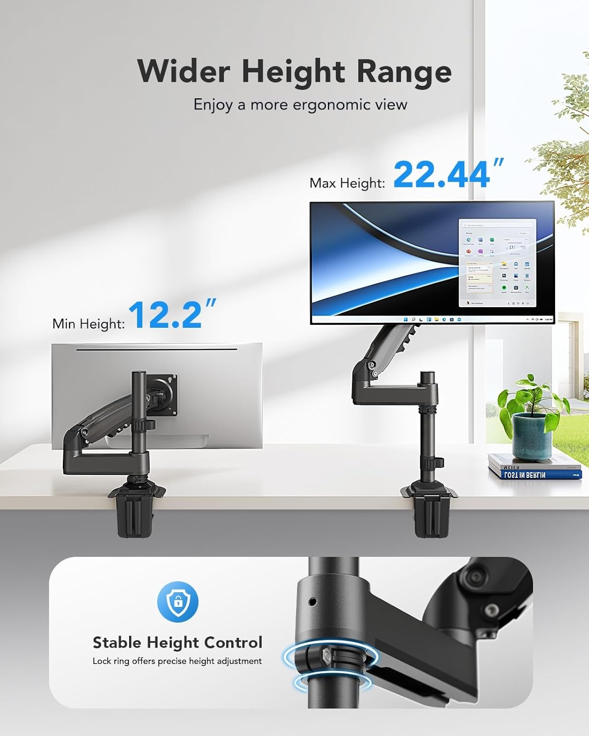 image:imageHUANUO Single Monitor Arm Adjustable Desk Mount for 1334 inch Screens Holds 198lbs 2244 inch Max Height Full Motion Swivel Gaming Monitor Stand with VESA 75x75mm and 100x100mm CompatibilityBlack
