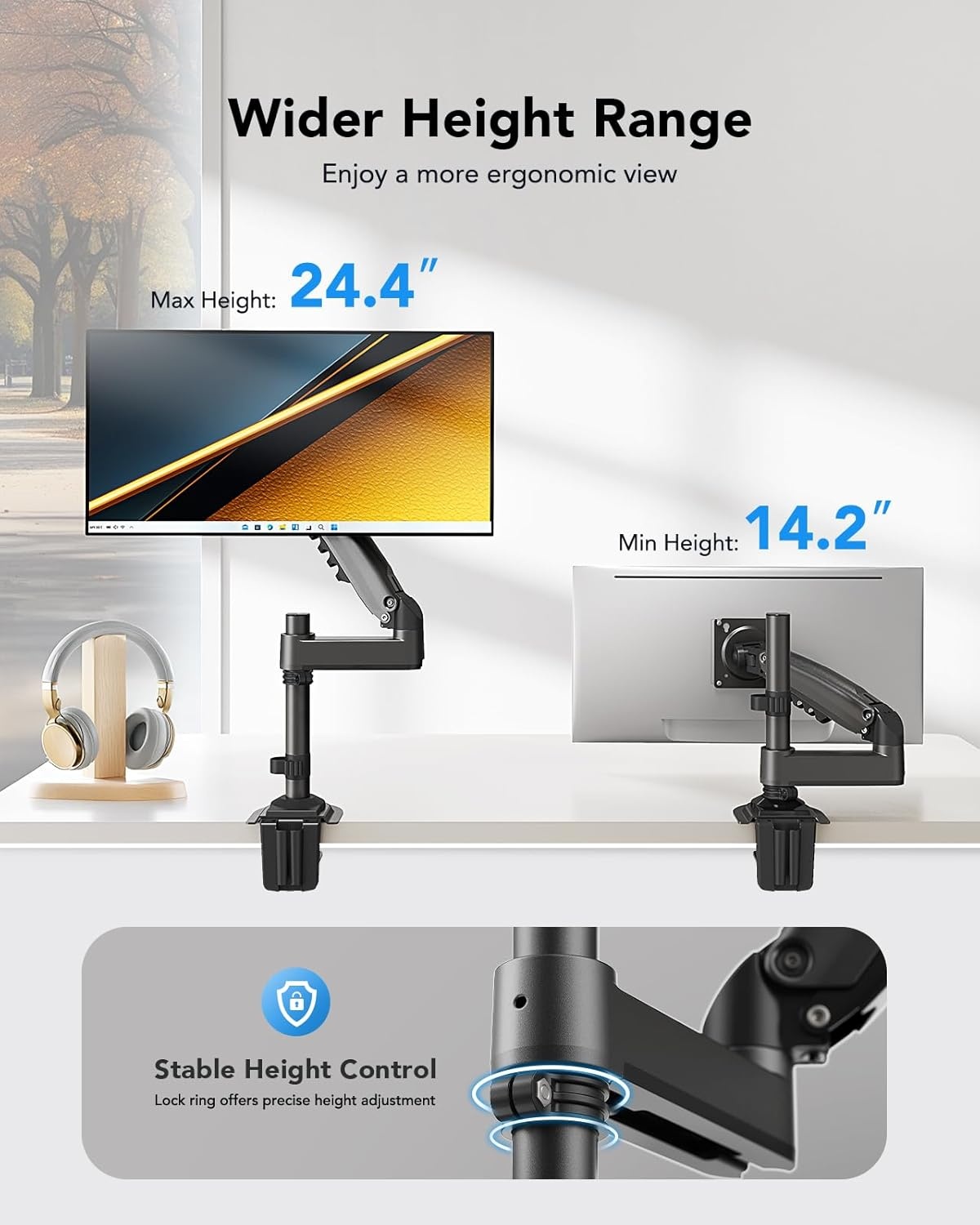 image:imageHUANUO Single Monitor Arm Adjustable Desk Mount for 1334 inch Screens Holds 198lbs 2244 inch Max Height Full Motion Swivel Gaming Monitor Stand with VESA 75x75mm and 100x100mm CompatibilityBlack