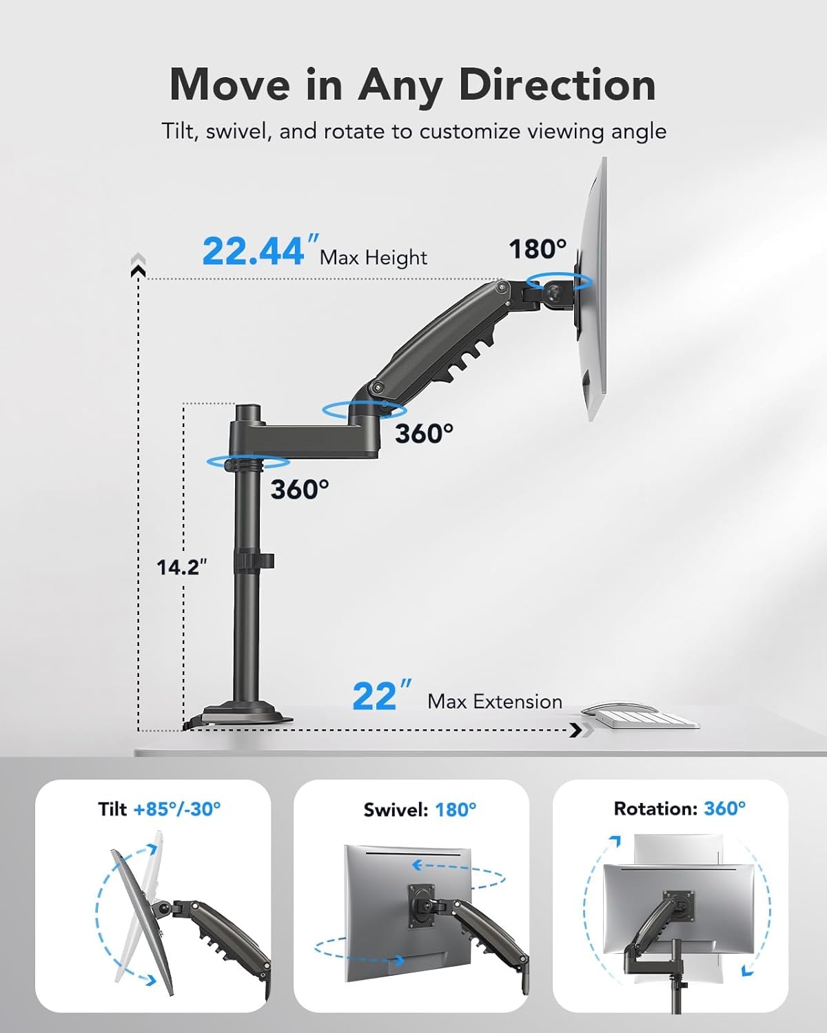 image:imageHUANUO Single Monitor Arm Adjustable Desk Mount for 1334 inch Screens Holds 198lbs 2244 inch Max Height Full Motion Swivel Gaming Monitor Stand with VESA 75x75mm and 100x100mm CompatibilityBlack