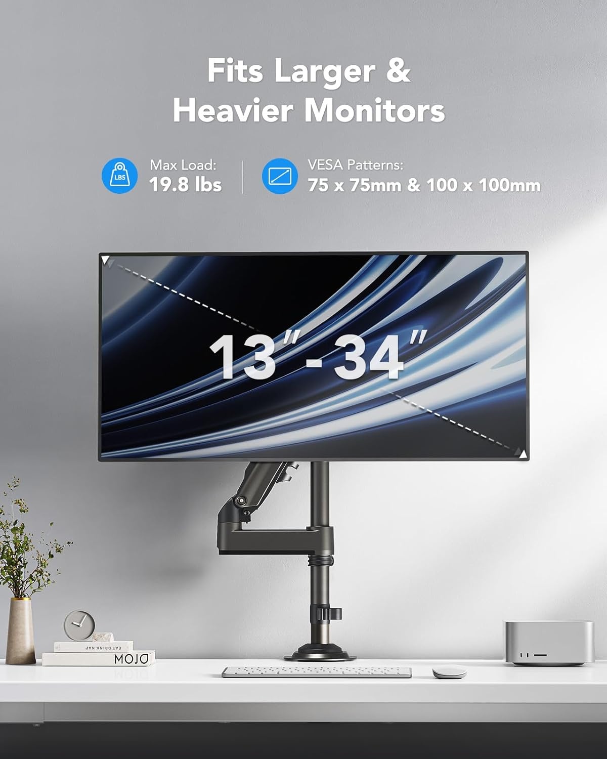 image:imageHUANUO Single Monitor Arm Adjustable Desk Mount for 1334 inch Screens Holds 198lbs 2244 inch Max Height Full Motion Swivel Gaming Monitor Stand with VESA 75x75mm and 100x100mm CompatibilityBlack
