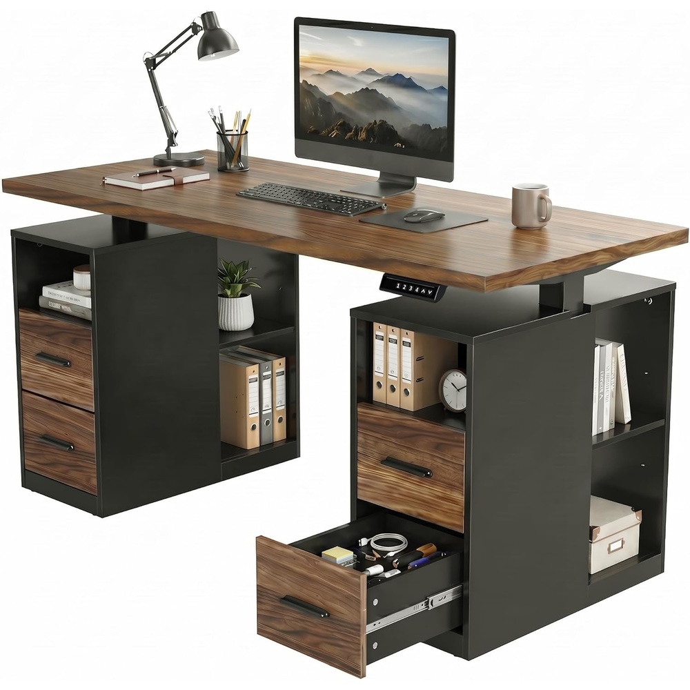 image:imageHUANUO 63 Inch L Shaped Standing Desk Electric Executive Height Adjustable Desk with Storage Drawers Reversible Design Computer Workstation for Home Office Black WalnutBlack Walnut