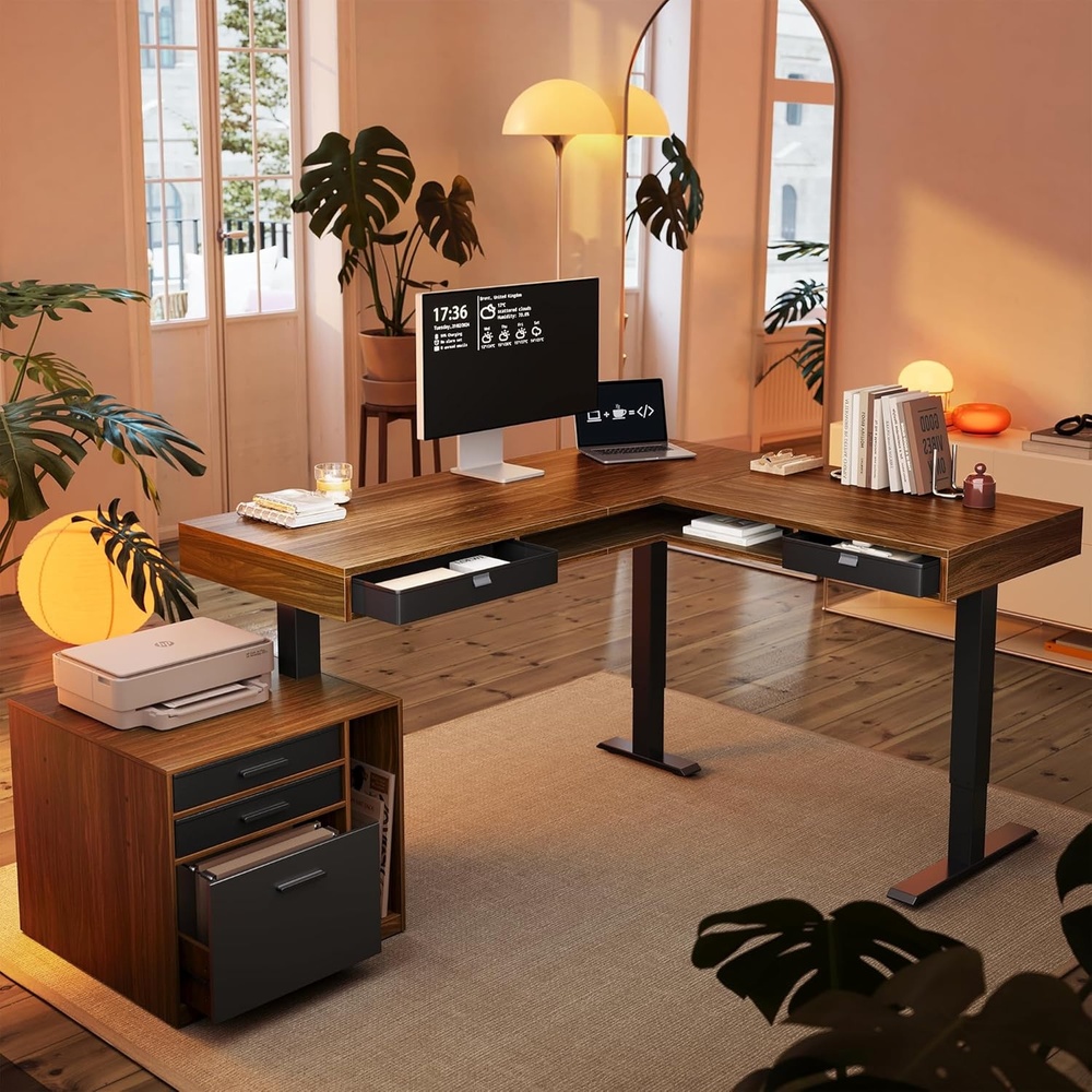 image:imageHUANUO 655 576 Electric L Shaped Standing Desk with 6 Storage Drawers 2Tier Corner Sit Stand Desk with Power Strip Tray amp Cable Grommets Height Adjustable Computer Gaming Table WalnutWalnut