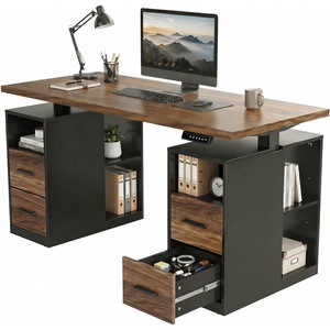image:imageHUANUO 63 Inch L Shaped Standing Desk Electric Executive Height Adjustable Desk with Storage Drawers Reversible Design Computer Workstation for Home Office Black WalnutBlack Walnut