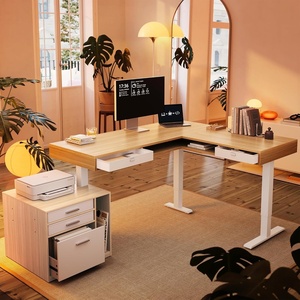 image:imageHUANUO 655  576 Electric L Shaped Standing Desk with 6 Storage Drawers 2Tier Corner Sit Stand Desk with Power Strip Tray amp Cable Grommets Height Adjustable Computer Gaming Table WalnutLight Walnut
