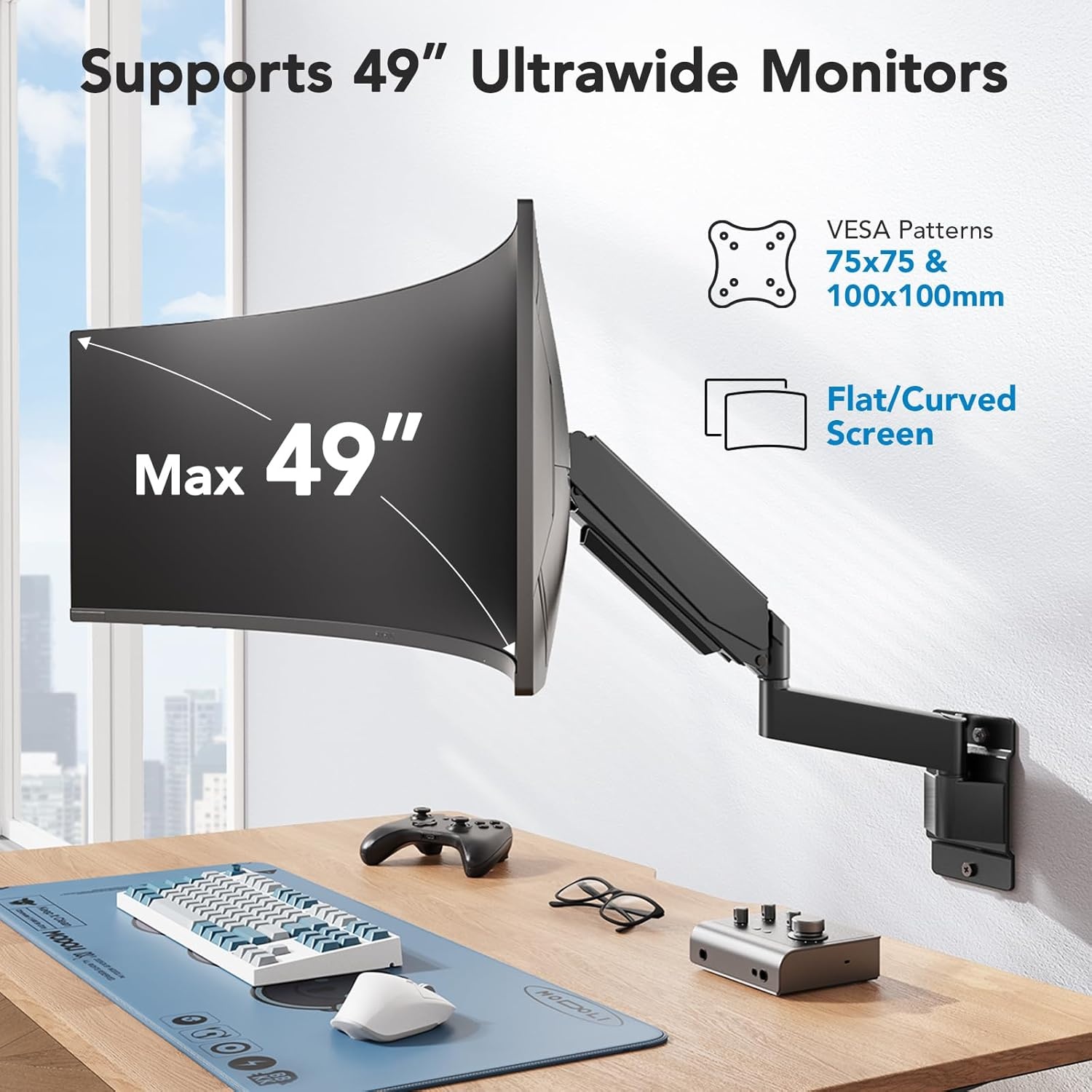 image:imageHUANUO 49 inch Ultrawide Monitor Wall Mount Heavy Duty Screen Arm with Premium Aluminum Supports up to 44 lbs Wall Mount Monitor Arm for Height Adjustment Tilt Swivel Rotate