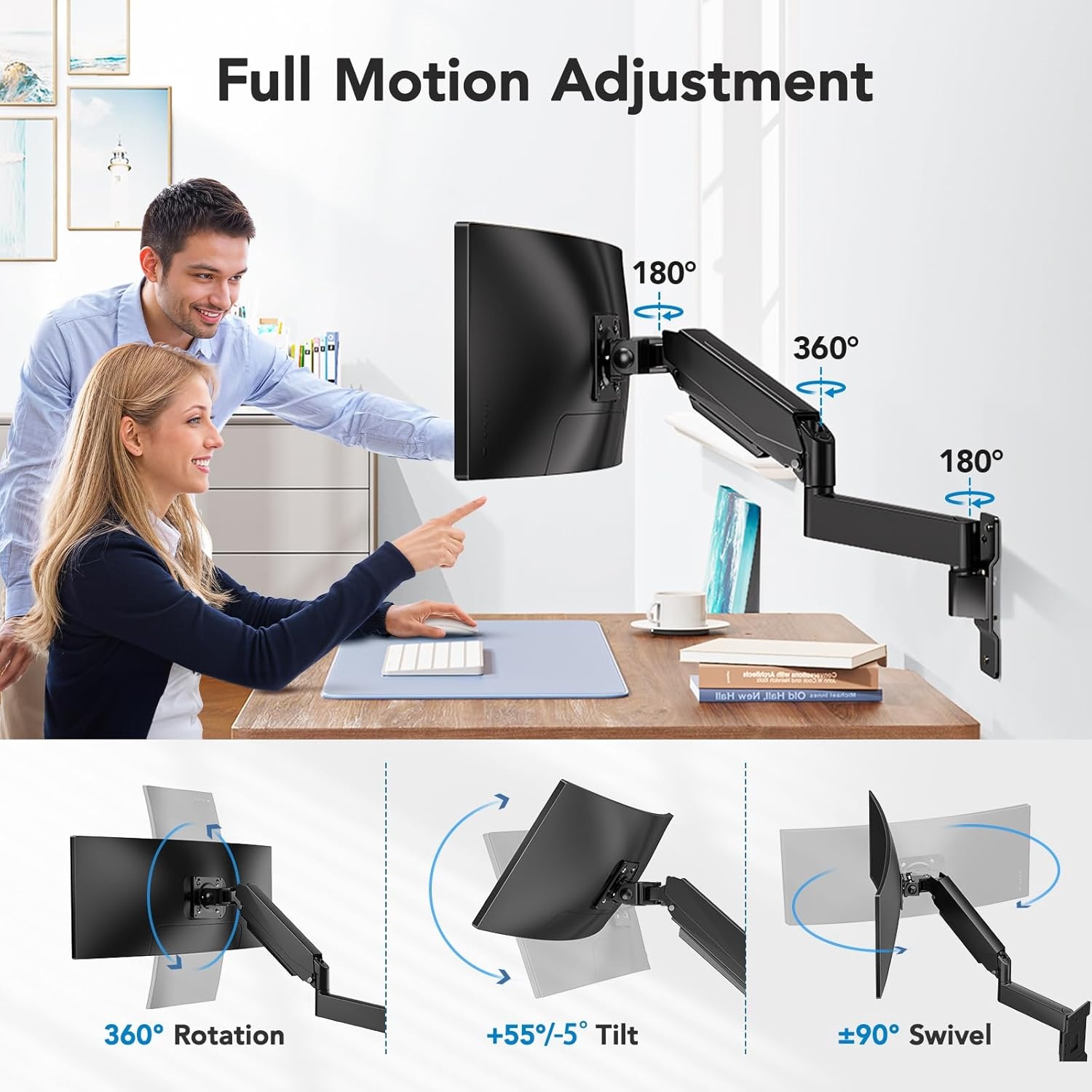 image:imageHUANUO 49 inch Ultrawide Monitor Wall Mount Heavy Duty Screen Arm with Premium Aluminum Supports up to 44 lbs Wall Mount Monitor Arm for Height Adjustment Tilt Swivel Rotate