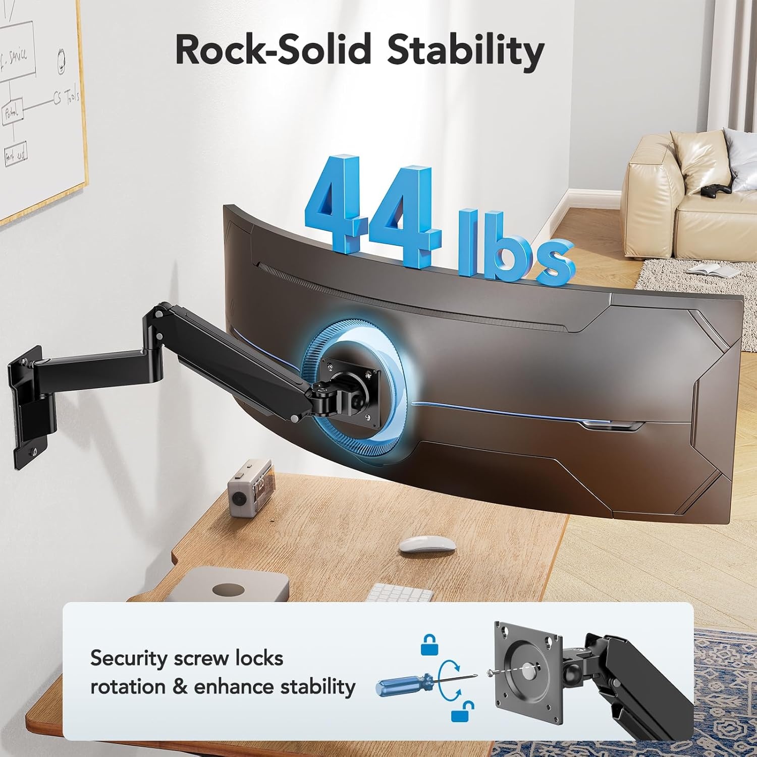 image:imageHUANUO 49 inch Ultrawide Monitor Wall Mount Heavy Duty Screen Arm with Premium Aluminum Supports up to 44 lbs Wall Mount Monitor Arm for Height Adjustment Tilt Swivel Rotate