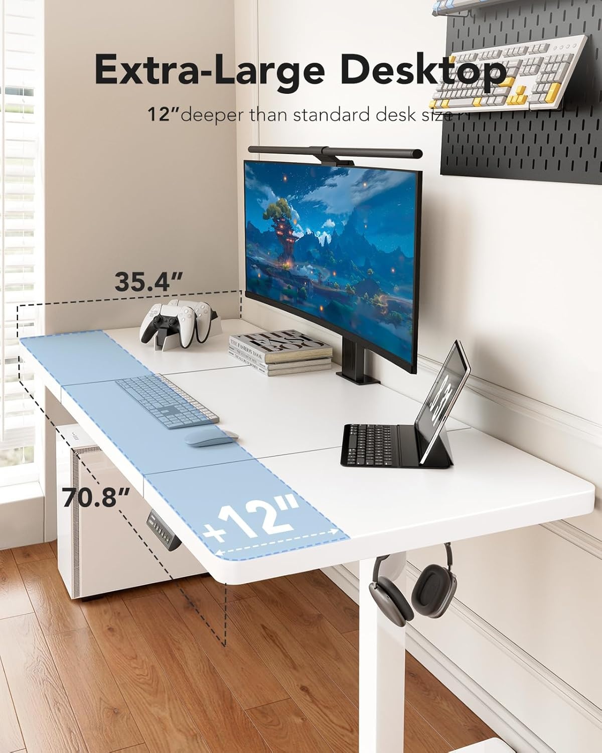 image:imageHUANUO 71 x 30 inch Electric Standing Desk Powerful Brushless Motor Large Height Adjustable Table 4 Memory Preset Sit Stand Up Desk Home Office Computer Table with Thick TShaped FrameWhite