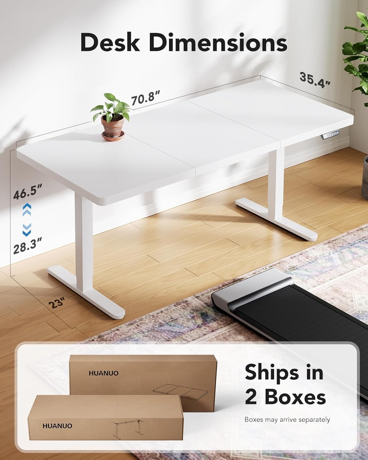image:imageHUANUO 71 x 30 inch Electric Standing Desk Powerful Brushless Motor Large Height Adjustable Table 4 Memory Preset Sit Stand Up Desk Home Office Computer Table with Thick TShaped FrameWhite