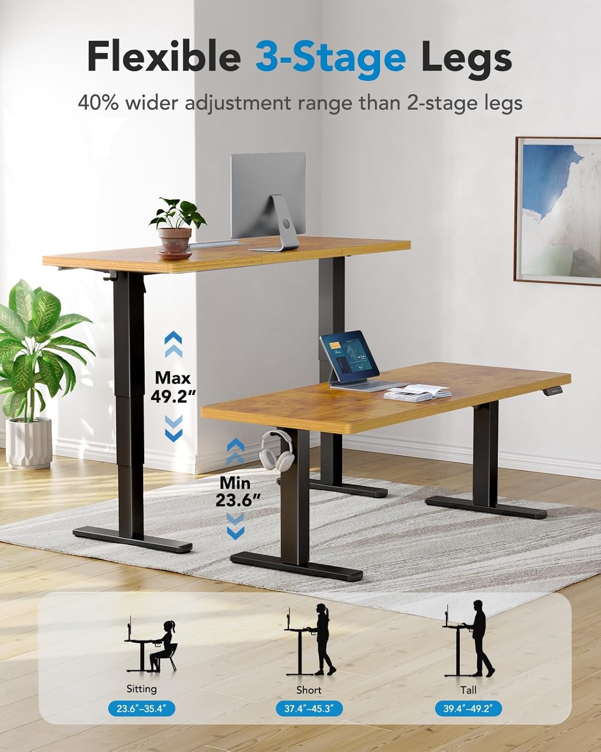 image:imageHUANUO 71 x 30 inch Electric Standing Desk Powerful Brushless Motor Large Height Adjustable Table 4 Memory Preset Sit Stand Up Desk Home Office Computer Table with Thick TShaped FrameVintage