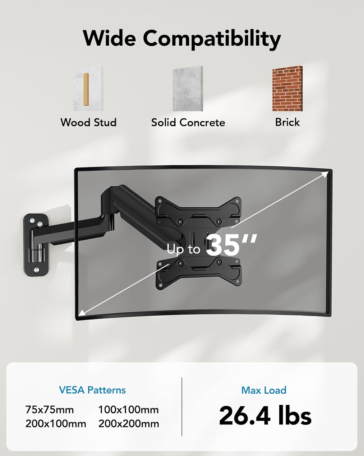 image:imageHUANUO Computer Monitor Wall Mount for 2235 Screens Gaming Wall Mount Monitor Arm Holds up to 264lbs Vesa Mount with Tilt Swivel Rotation Supports 75x75mm 100x100mm 200x200mm Black