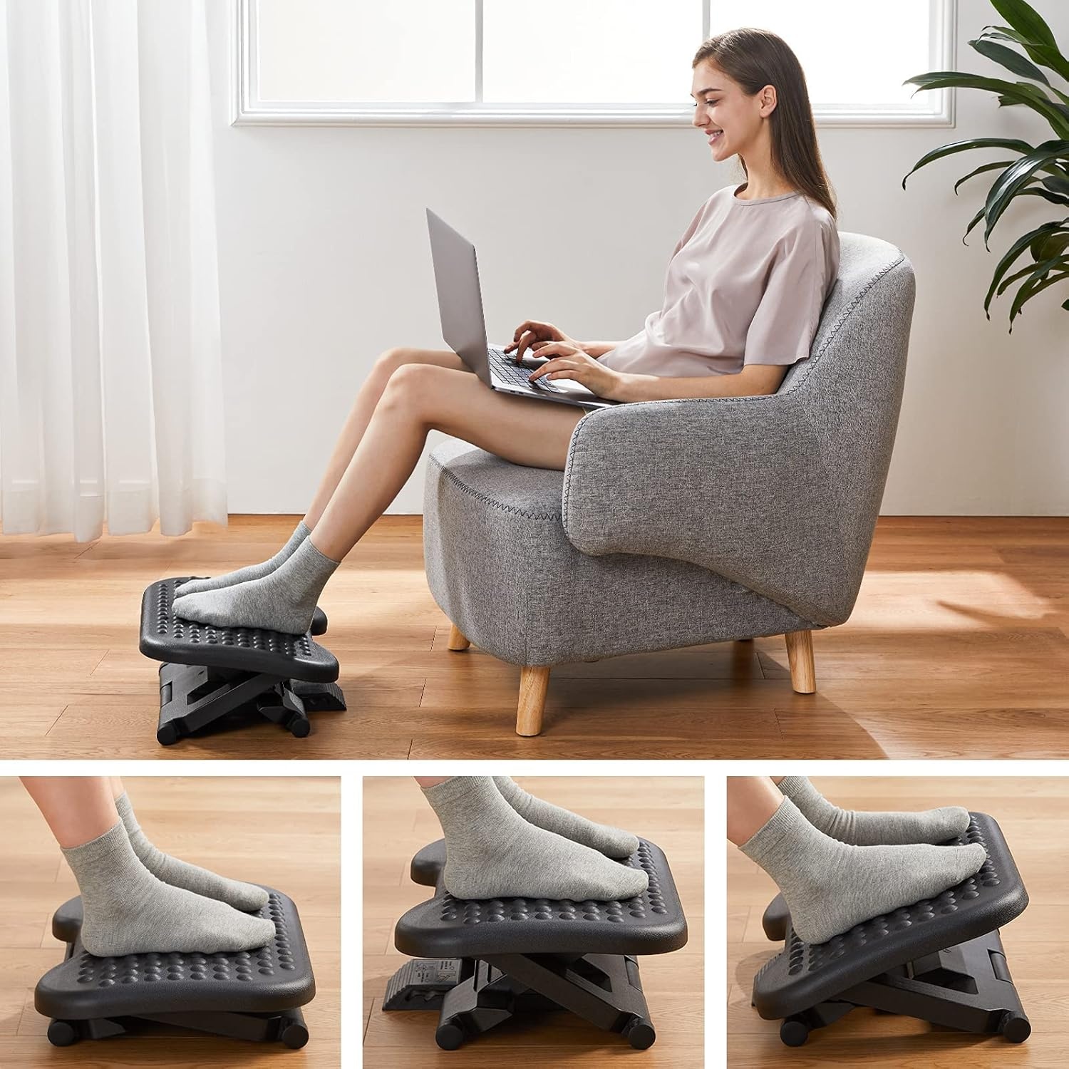 image:imageHUANUO Adjustable Desk Footrest Foot Rest for Under Desk at Work with Massage Adjustable Foot Stool with 3 Height Position amp 30 Degree Tilt Angle Adjustment for Home OfficeBlack