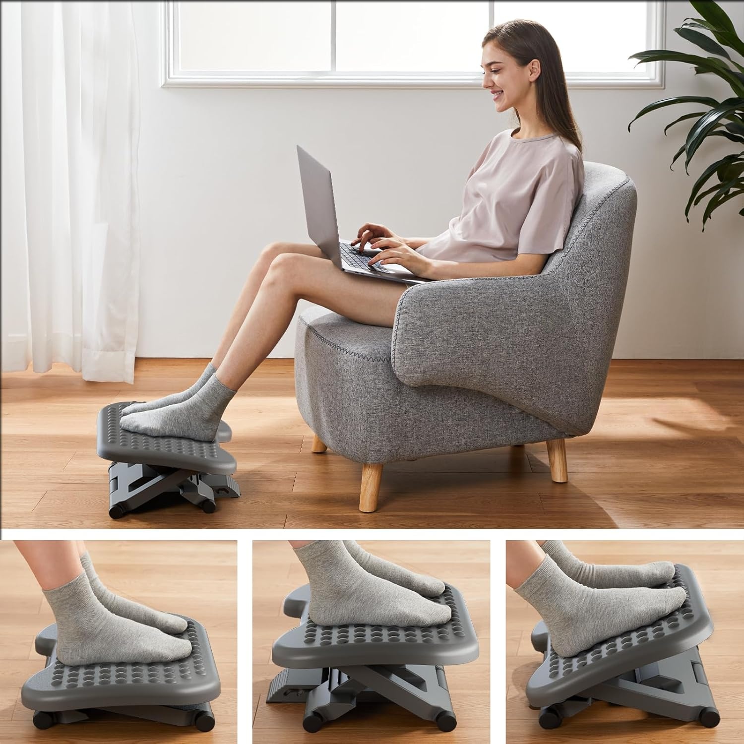 image:imageHUANUO Adjustable Desk Footrest Foot Rest for Under Desk at Work with Massage Adjustable Foot Stool with 3 Height Position amp 30 Degree Tilt Angle Adjustment for Home OfficeGray