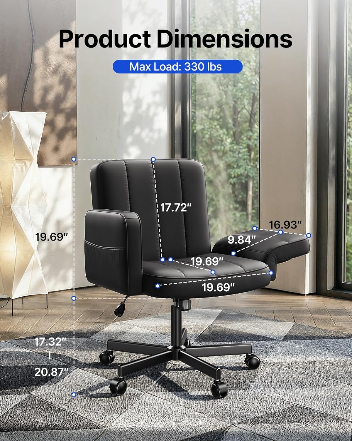 image:imageHUANUO Criss Cross Chair with 6Point Adjustable Armrests PetFriendly Criss Cross Office Chair Comfortable Cross Leg Chair with Wide Seat Durable PU Leather Side Storage Pocket Easy Assembly