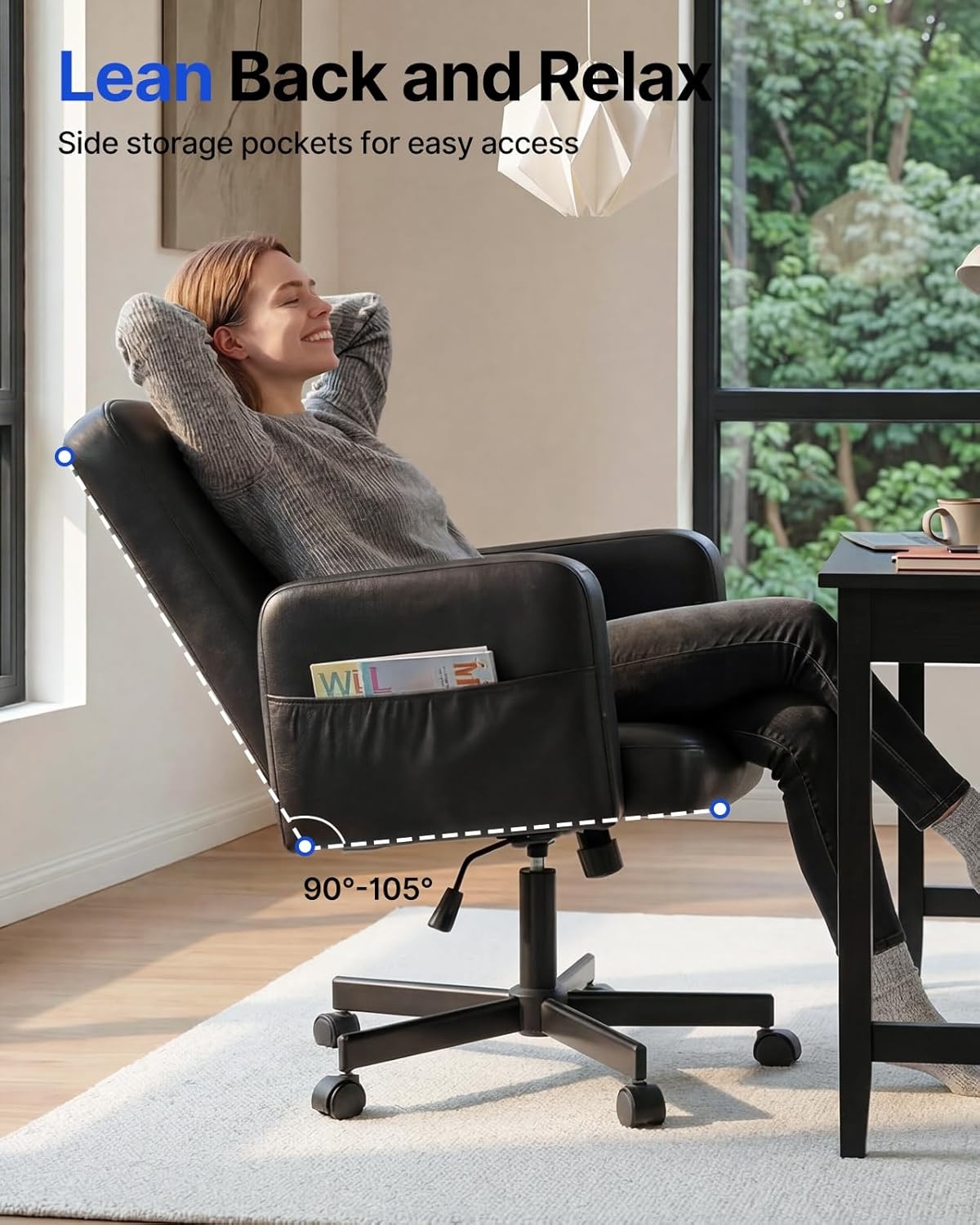 image:imageHUANUO Criss Cross Chair with 6Point Adjustable Armrests PetFriendly Criss Cross Office Chair Comfortable Cross Leg Chair with Wide Seat Durable PU Leather Side Storage Pocket Easy Assembly