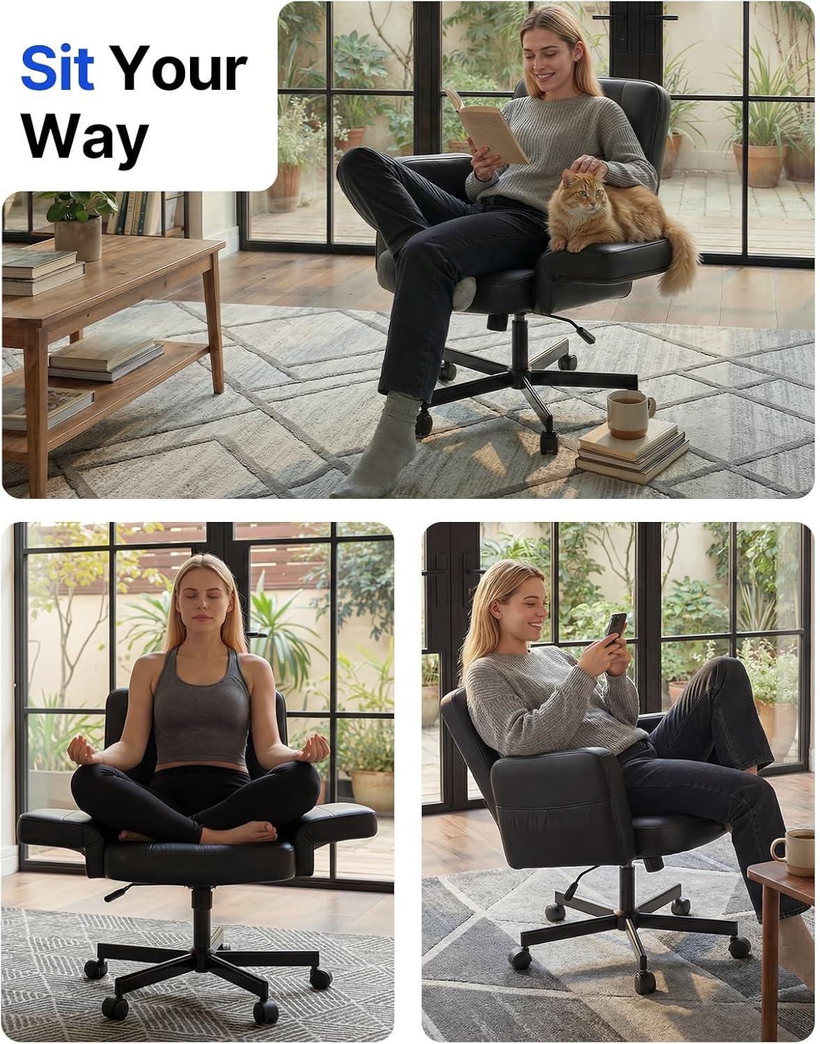 image:imageHUANUO Criss Cross Chair with 6Point Adjustable Armrests PetFriendly Criss Cross Office Chair Comfortable Cross Leg Chair with Wide Seat Durable PU Leather Side Storage Pocket Easy Assembly