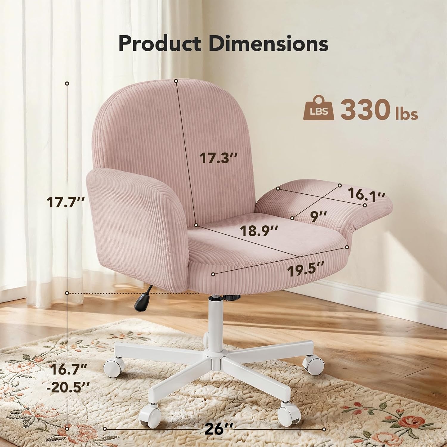 image:imageHUANUO Criss Cross Office Chair for Women Cross Legged Desk Chair with Adjustable Armrests Soft Corduroy Fabric for Small Spaces Petite Home Office Computer Chair for Girls PinkPink