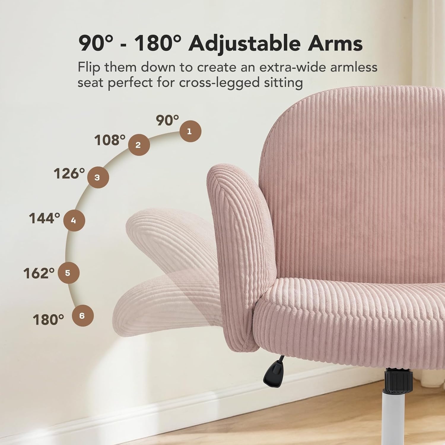 image:imageHUANUO Criss Cross Office Chair for Women Cross Legged Desk Chair with Adjustable Armrests Soft Corduroy Fabric for Small Spaces Petite Home Office Computer Chair for Girls PinkPink