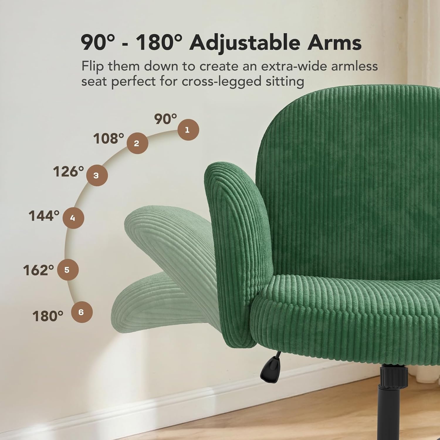 image:imageHUANUO Criss Cross Office Chair for Women Cross Legged Desk Chair with Adjustable Armrests Soft Corduroy Fabric for Small Spaces Petite Home Office Computer Chair for Girls PinkDeep Green