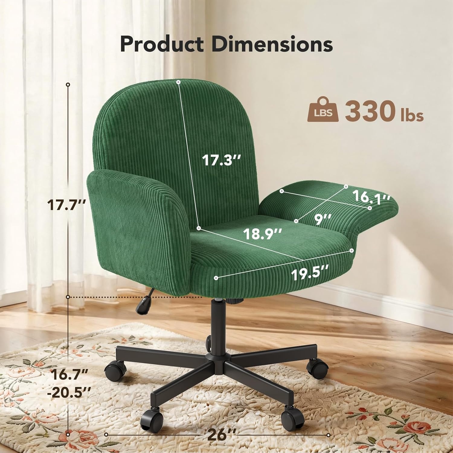 image:imageHUANUO Criss Cross Office Chair for Women Cross Legged Desk Chair with Adjustable Armrests Soft Corduroy Fabric for Small Spaces Petite Home Office Computer Chair for Girls PinkDeep Green