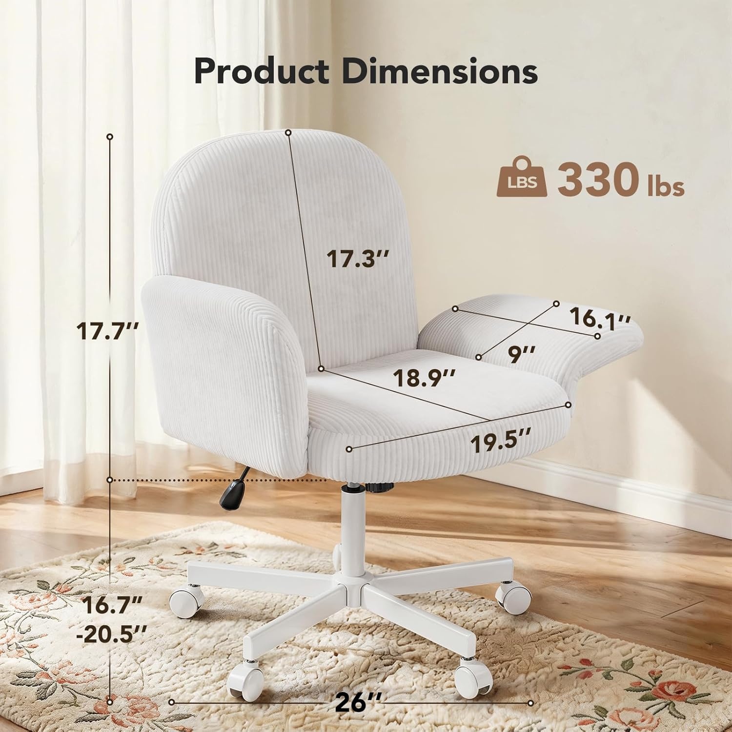 image:imageHUANUO Criss Cross Office Chair for Women Cross Legged Desk Chair with Adjustable Armrests Soft Corduroy Fabric for Small Spaces Petite Home Office Computer Chair for Girls PinkWhite